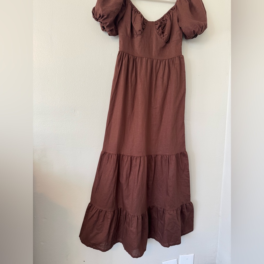 Peppermayo Brown Peasant Puff Sleeve Linen Blend Tiered Maxi Dress - Picture 4 of 10